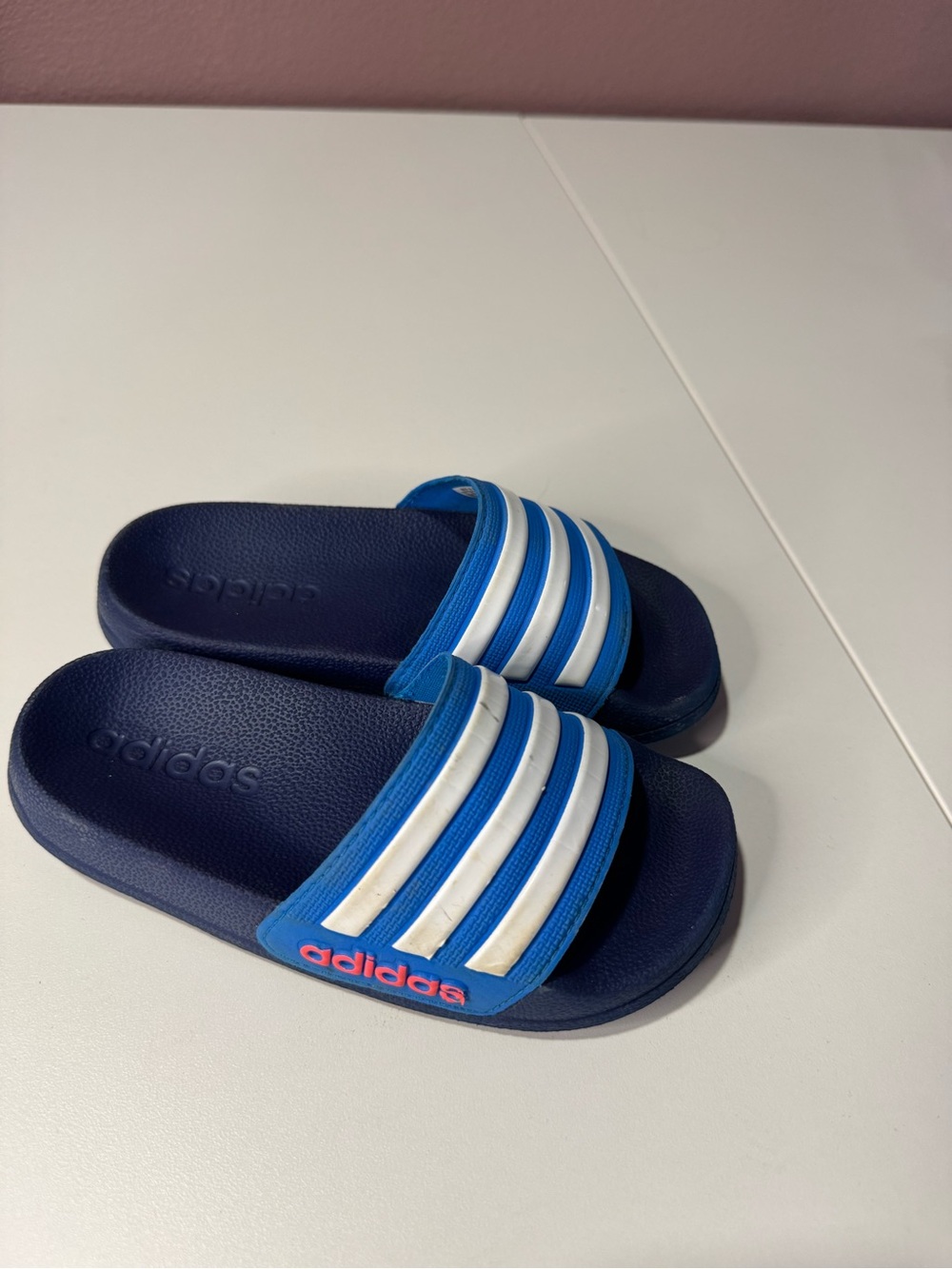 adidas Kids Navy and Blue Slide Sandals with White Stripes